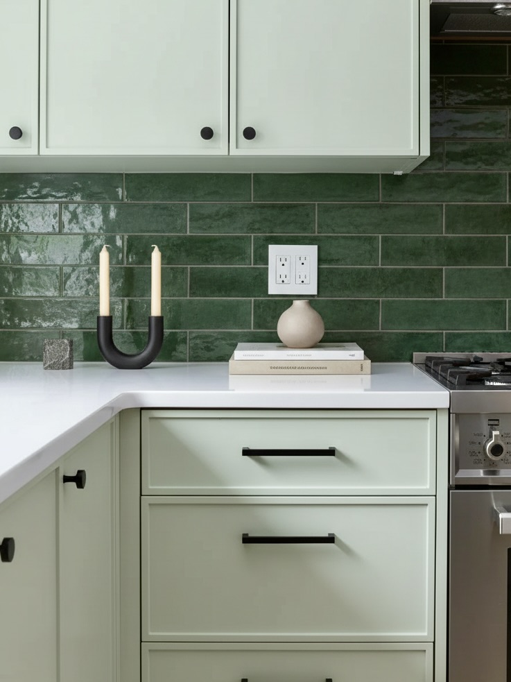 Home renovation in Capitol Hill featuring mint green cabinetry, dark green subway tile backsplash, and white countertops.