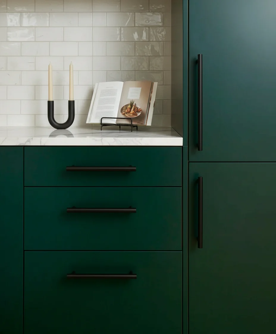 Luxury home renovation in Murrayville featuring deep emerald green kitchen cabinets and white subway tile.
