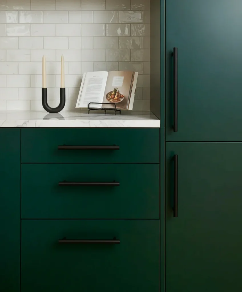 Modern green kitchen cabinets and marble counters showing the results of a kitchen renovation demolition process in Vancouver.