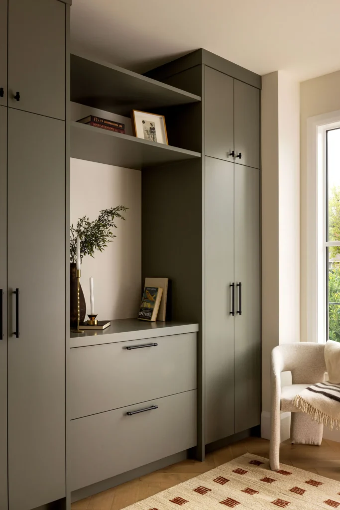 Modern olive green custom cabinetry and built-in shelving for a luxury home renovation in Westwood Plateau.