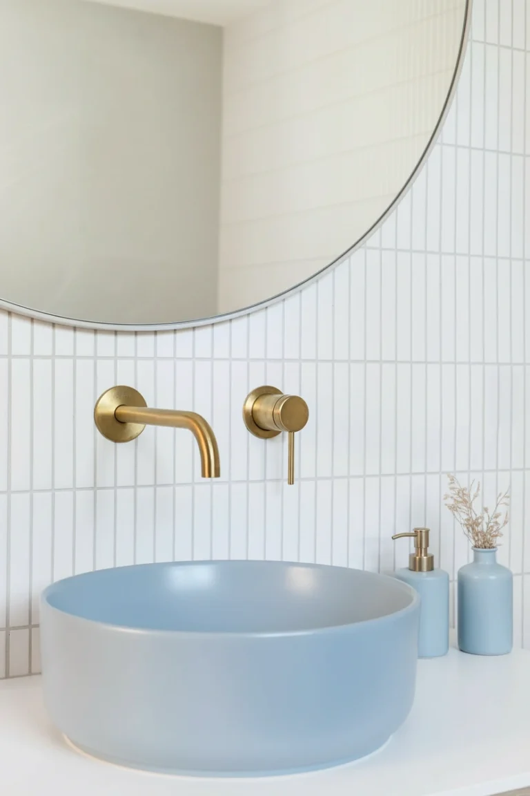 Luxury Burnaby basement renovation bathroom featuring a light blue vessel sink, brass faucet, and white kit-kat tiles.