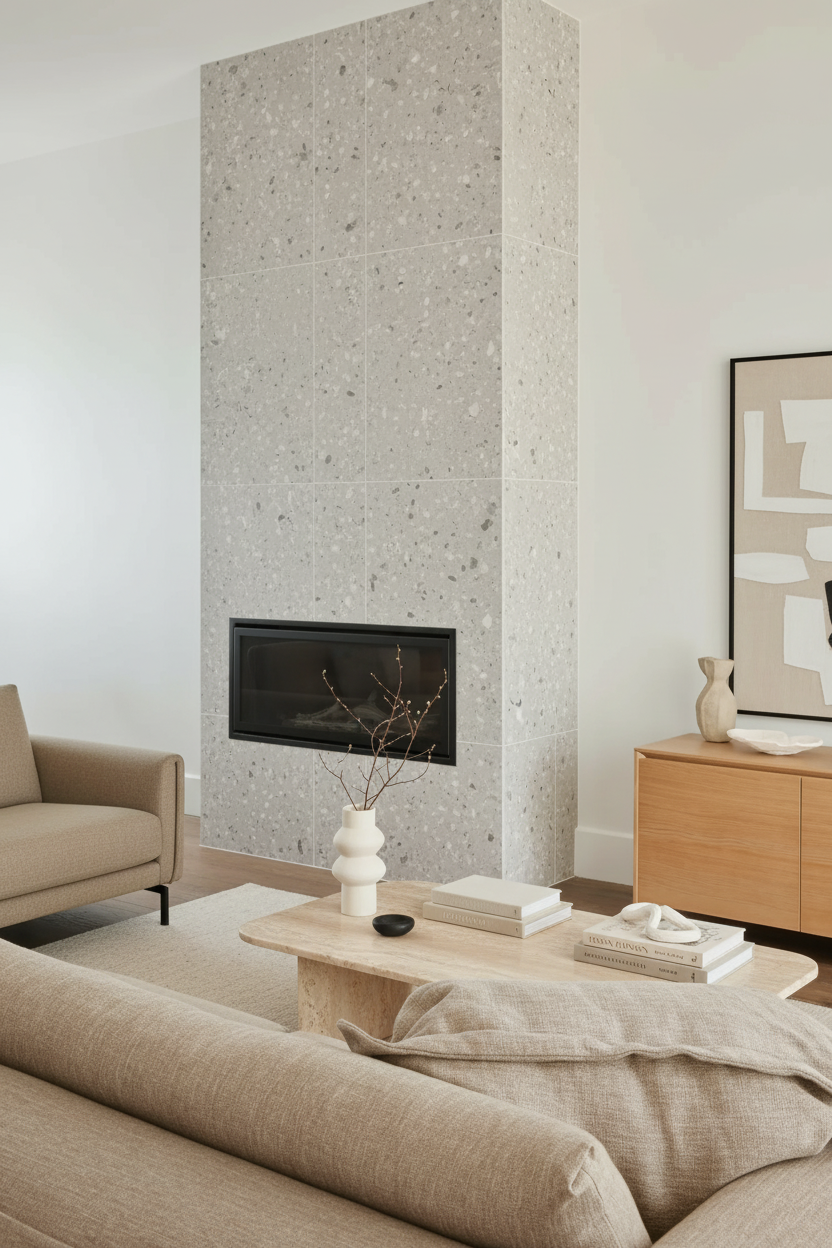 Modern home renovation Guildford featuring a floor-to-ceiling grey terrazzo fireplace and minimalist neutral decor.