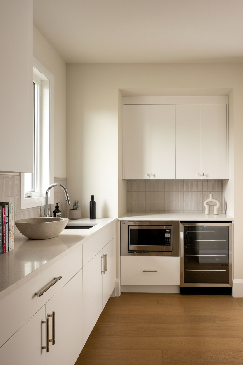 Modern home renovation in Edmonds featuring a white beverage station with built-in wine fridge, microwave, and stone vessel sink.