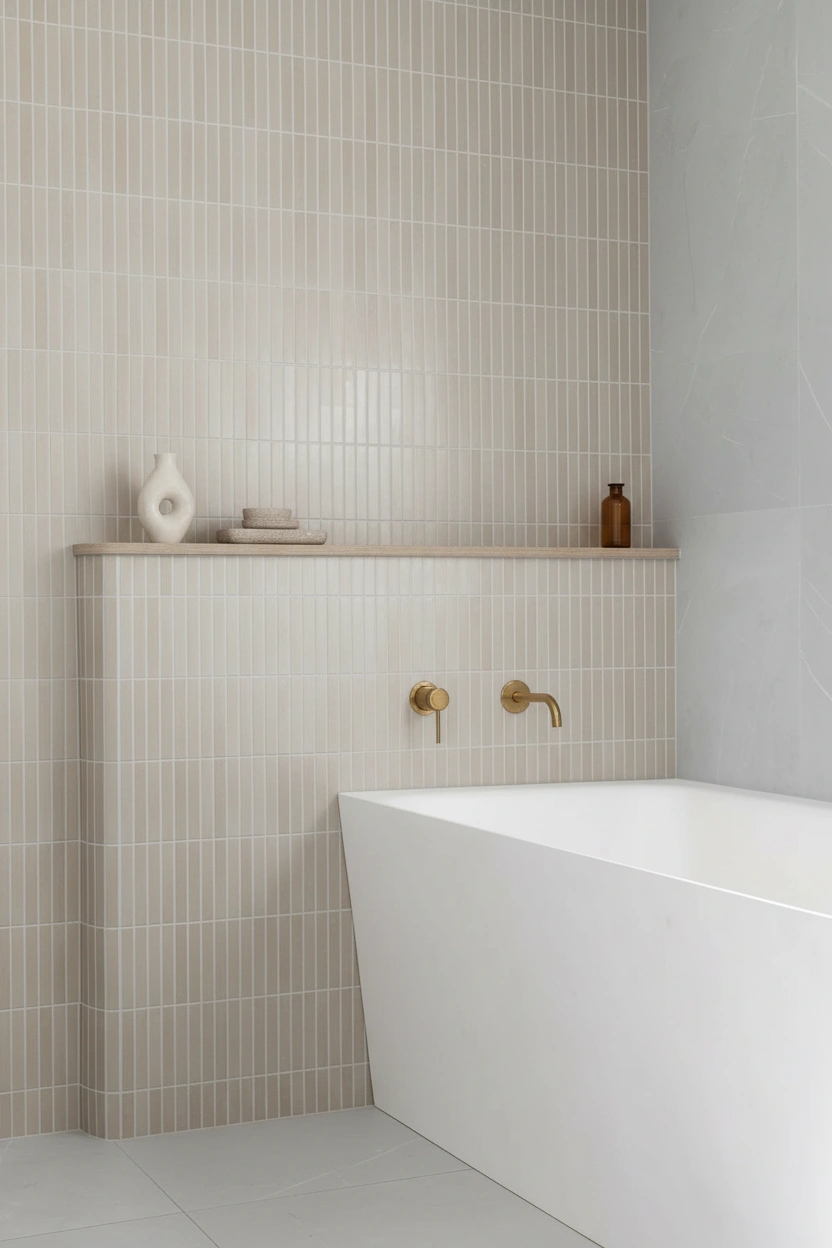 Modern bathroom renovation in Terra Nova Richmond featuring a white soaking tub and vertical stack bond tiles.