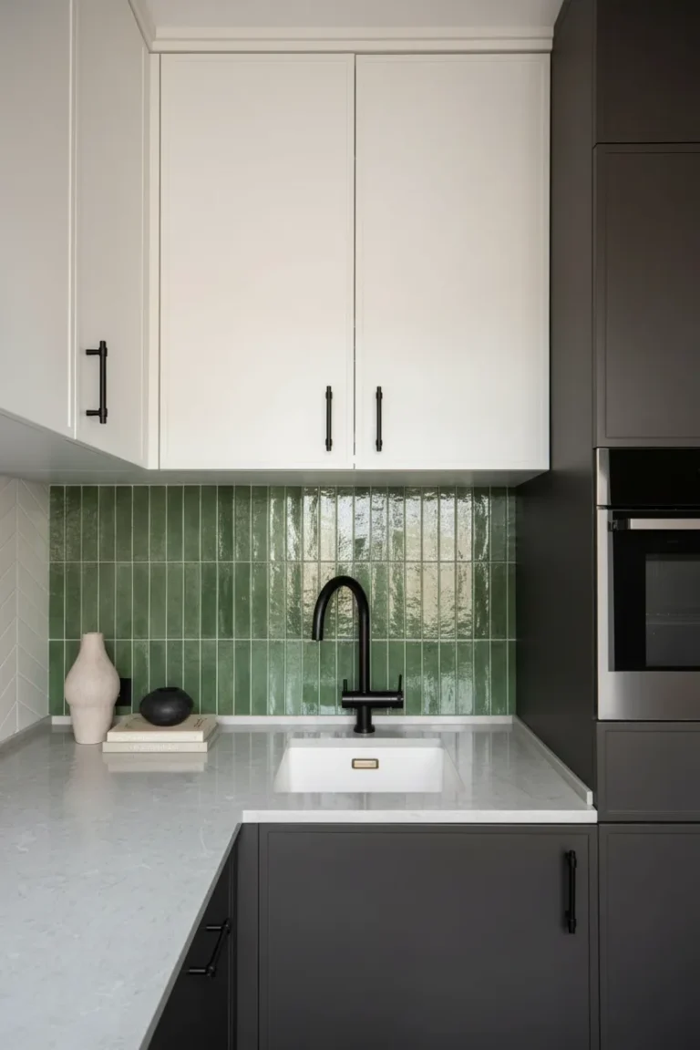 Two-tone kitchen cabinets with green vertical tiles, a centerpiece of home renovations Hastings–Sunrise.