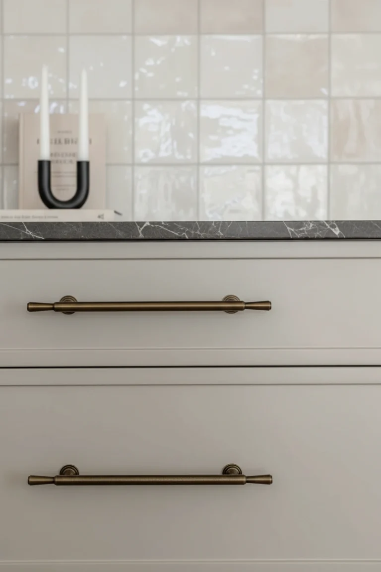 Close-up of a Richmond kitchen renovation by QUAY Construction featuring off-white shaker drawers with antique brass handles and a dark grey marble countertop.