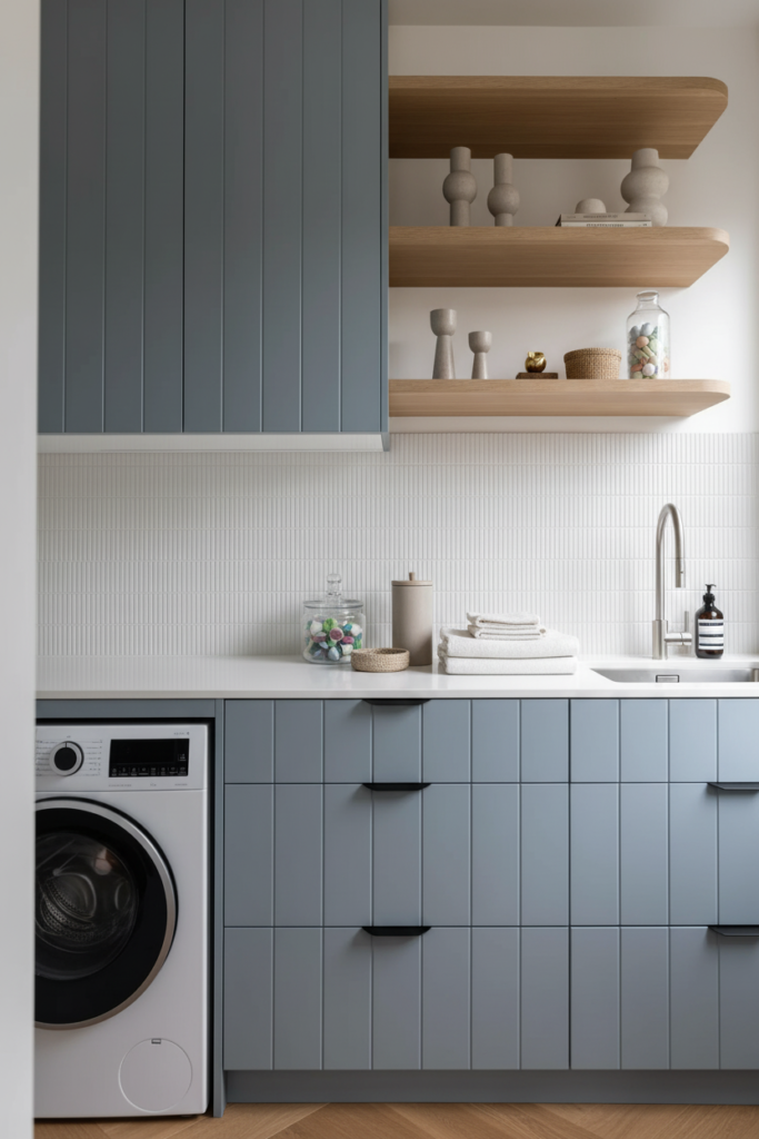 Modern laundry room renovation in West Cambie featuring blue fluted cabinetry, oak shelving, and white kit kat tile.