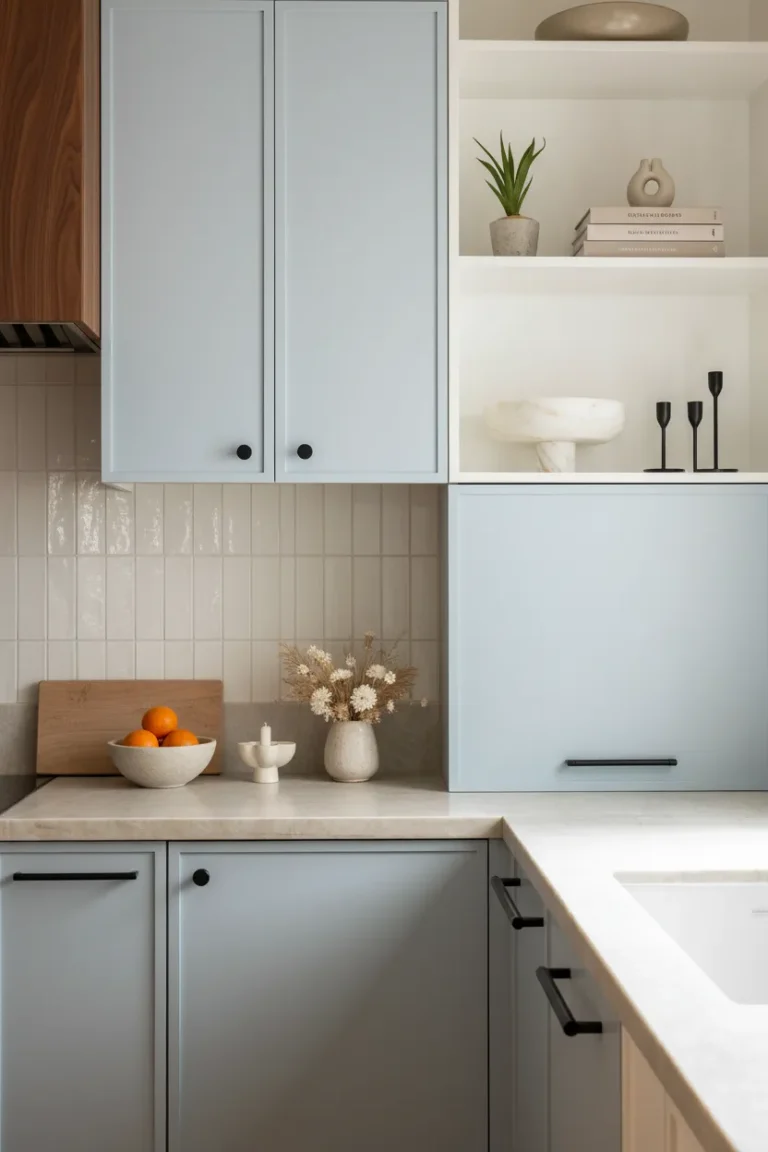 Modern light blue kitchen cabinets with black hardware for a home renovations Shaughnessy Vancouver project.