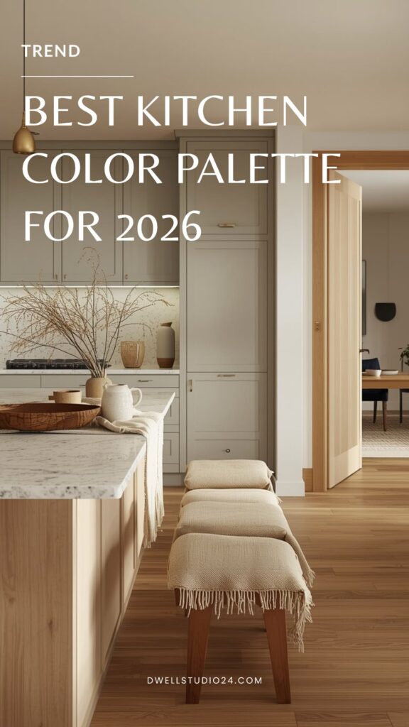 Modern kitchen feature wall colors featuring sage green cabinetry, marble counters, and natural wood accents.