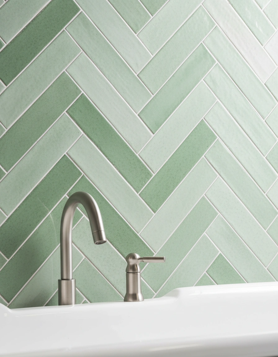 Home renovation in Edmonds featuring a sage green herringbone tile backsplash and brushed nickel plumbing fixtures.