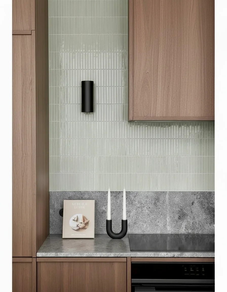 Modern kitchen featuring sage green kit-kat tiles and marble, showcasing a balance of warm vs cool paint colors.