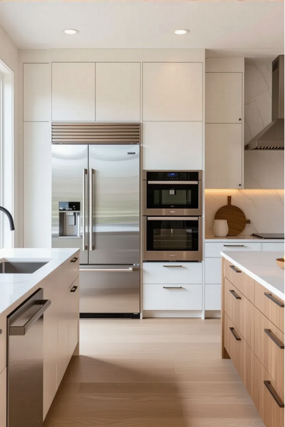 Modern kitchen renovation in Vancouver featuring white upper shaker cabinets and navy blue lower cabinetry