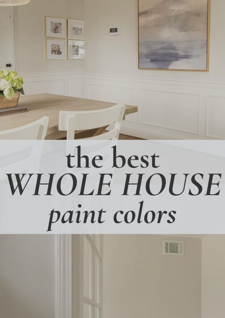 Dining room with neutral paint colors that increase home value, white wainscoting, and a rustic wood table.