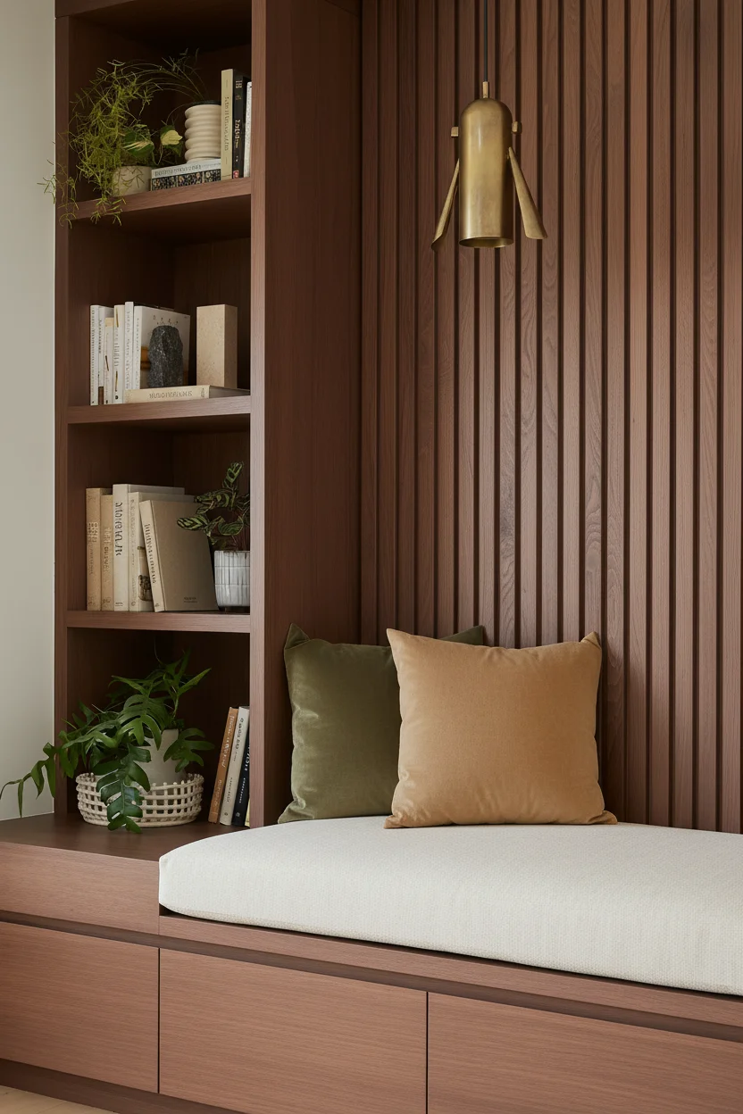 Home renovation Metrotown living area with custom oak slat wall, integrated shelving, and a built-in bench.