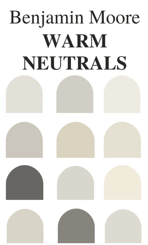 A palette of Benjamin Moore warm neutral paint color swatches for comparing warm vs cool paint colors in home renovations.
