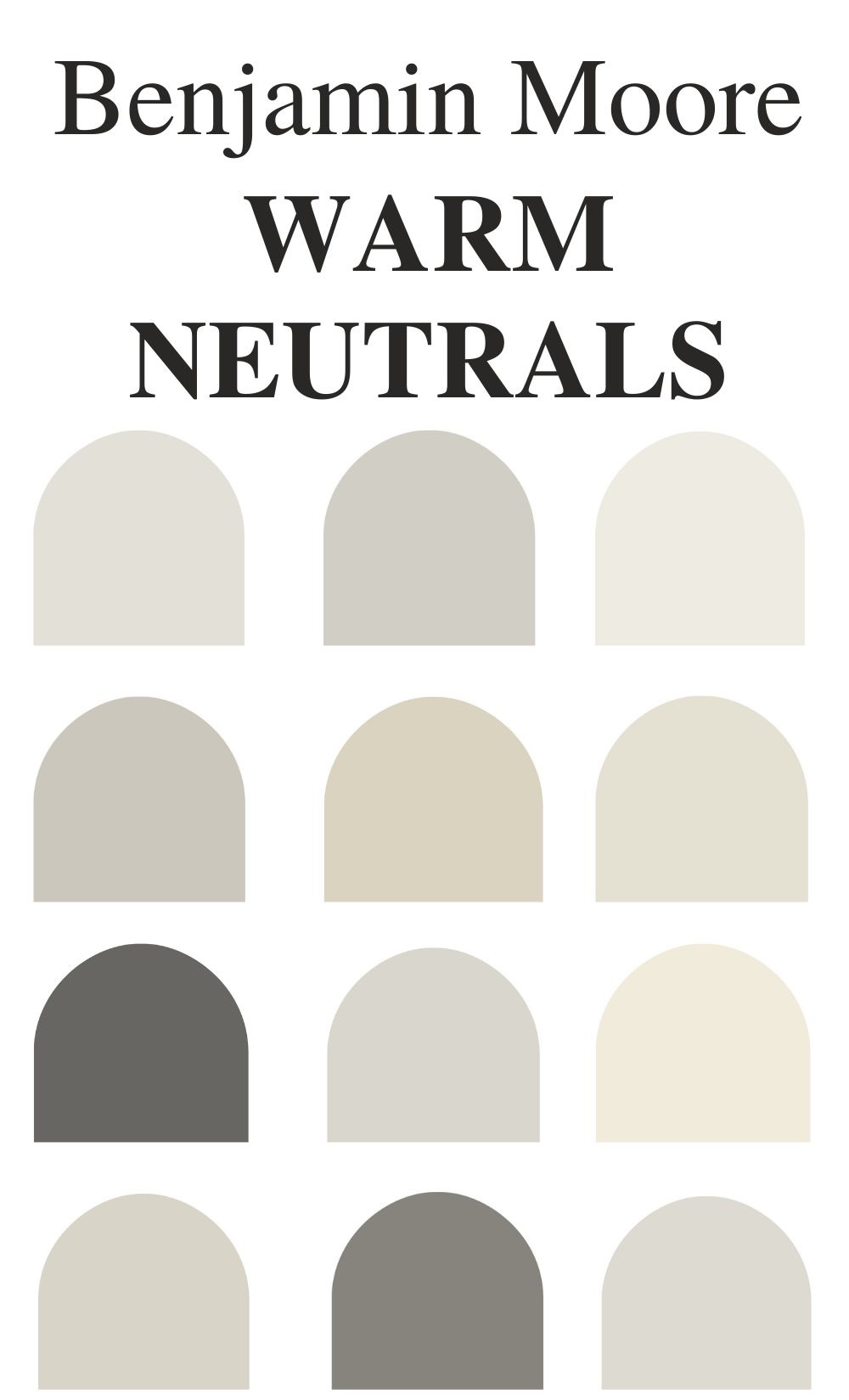 A palette of Benjamin Moore warm neutral paint color swatches for comparing warm vs cool paint colors in home renovations.