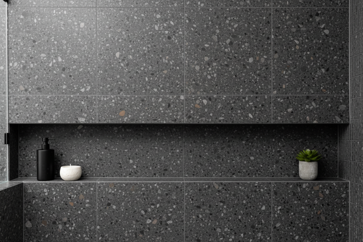 Modern condo renovation in Vancouver featuring a recessed shower niche with grey terrazzo tile and minimalist bath products.