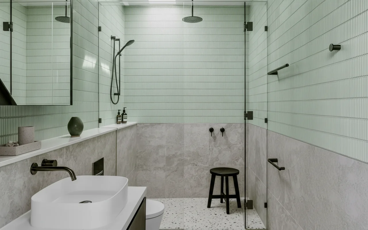 Modern bathroom featuring mint fluted tiles and matte black fixtures for a home renovation in Lower Lonsdale.