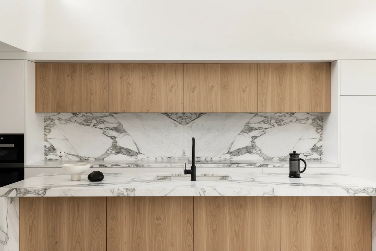 Modern Delta home renovation featuring book-matched marble backsplash, oak cabinetry, and luxury waterfall island.