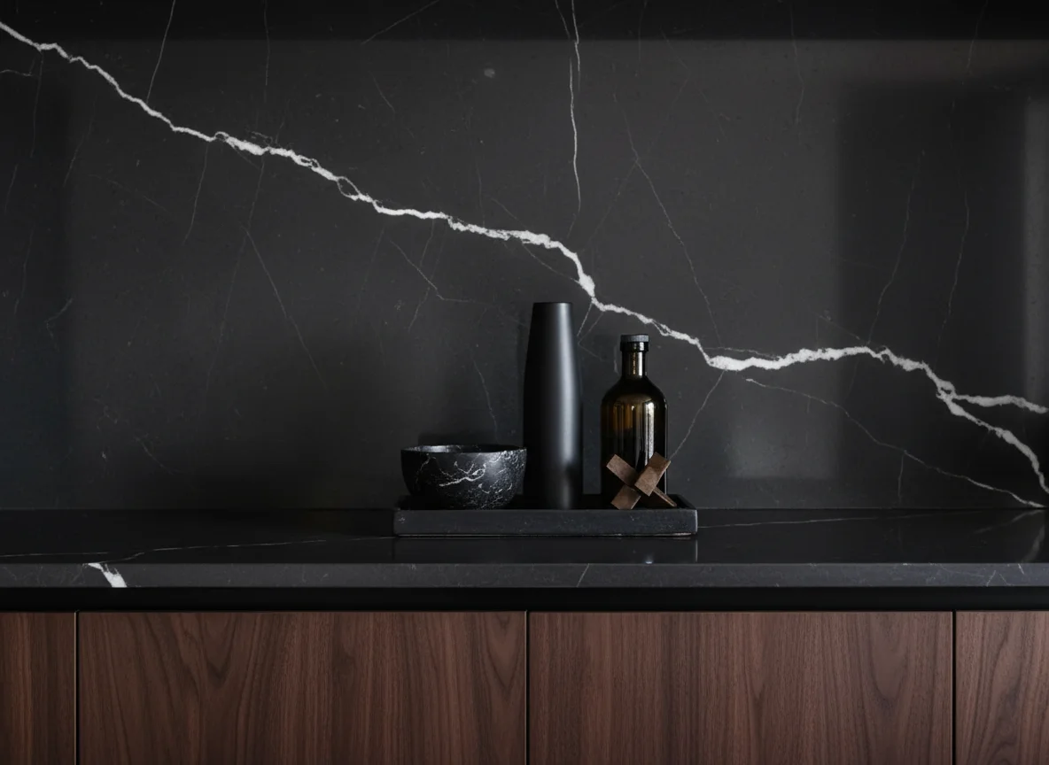 Modern home renovations Sunset Vancouver featuring black marble backsplash, matching countertops, and walnut cabinetry.