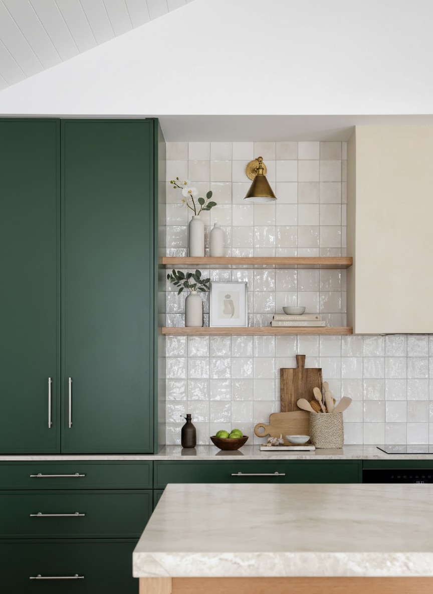 Forest green cabinetry and moisture-resistant tile backsplash in a luxury kitchen renovation Vancouver by QUAY Construction.