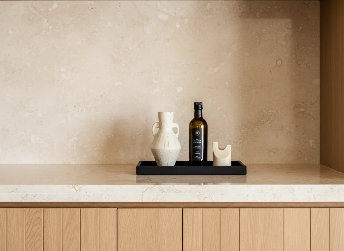 Modern home renovations Richmond: Minimalist kitchen decor featuring a custom stone backsplash and marble countertop.