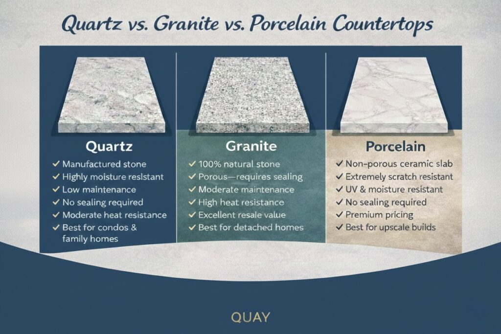 Infografía comparativa de cuarzo, granito y porcelana para remodelación de cocinas en Vancouver por QUAY Construction.