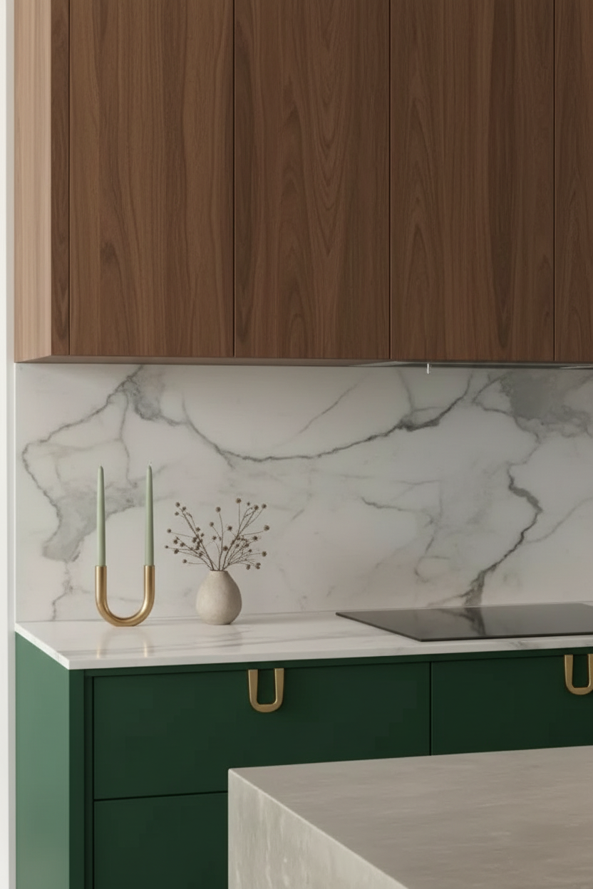 Luxury kitchen renovation in Kitsilano featuring forest green lower cabinets and a marble slab backsplash.