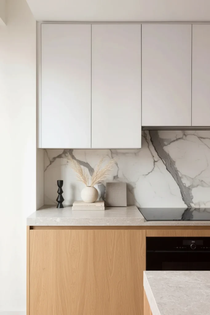 Modern kitchen renovation project management Vancouver featuring white cabinetry, marble backsplash, and light wood accents.