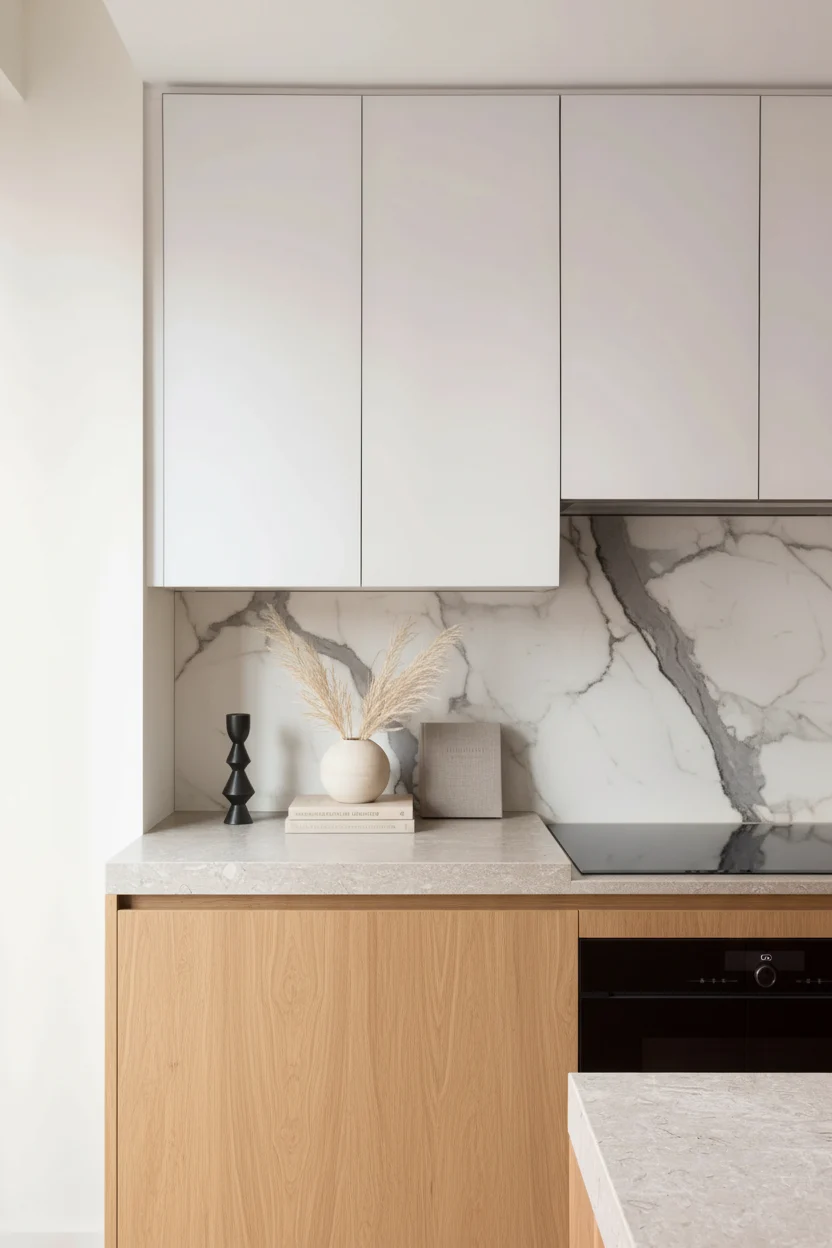 Modern kitchen renovation project management Vancouver featuring white cabinetry, marble backsplash, and light wood accents.