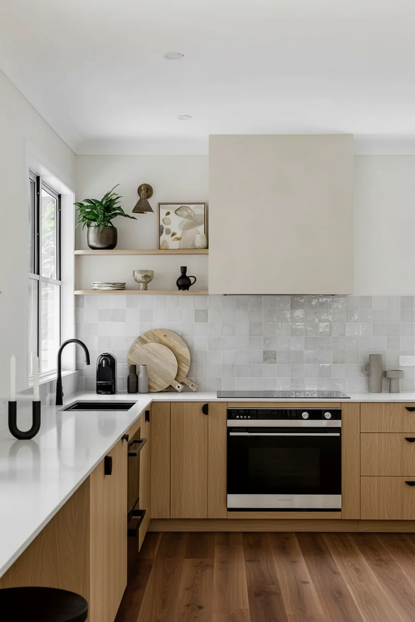 Modern kitchen with light oak cabinets and white counters, showcasing the end goal of a kitchen renovation demolition process in Vancouver.
