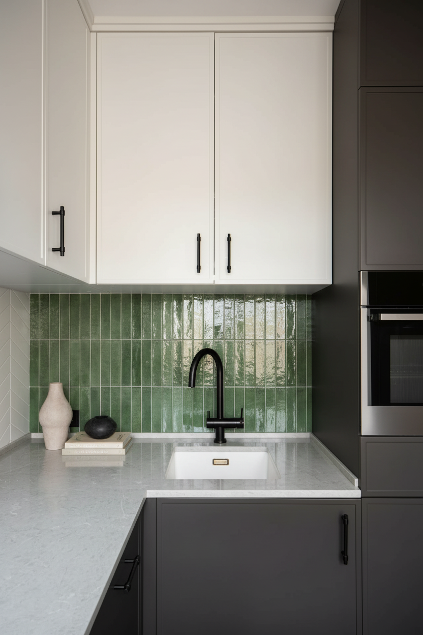 Modern two-tone kitchen with green tile backsplash, showcasing kitchen cabinet lead times Vancouver for refacing.