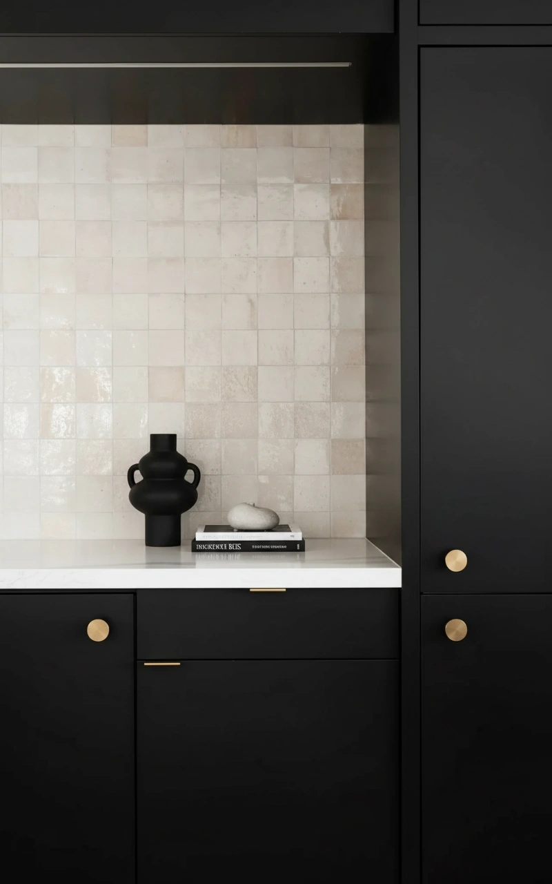 Modern black kitchen cabinets with gold hardware and Zellige tile backsplash, kitchen renovation quote checklist Vancouver.