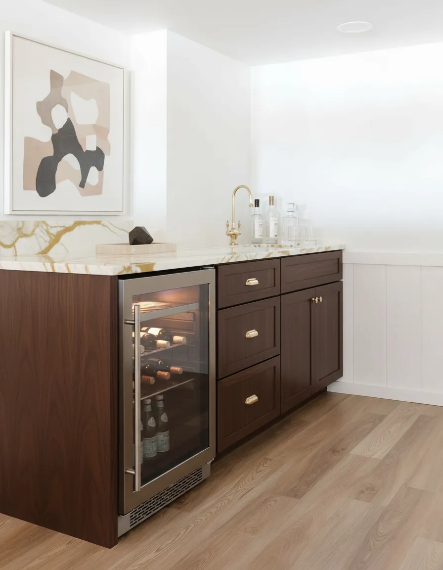 Custom basement wet bar with built-in cabinetry