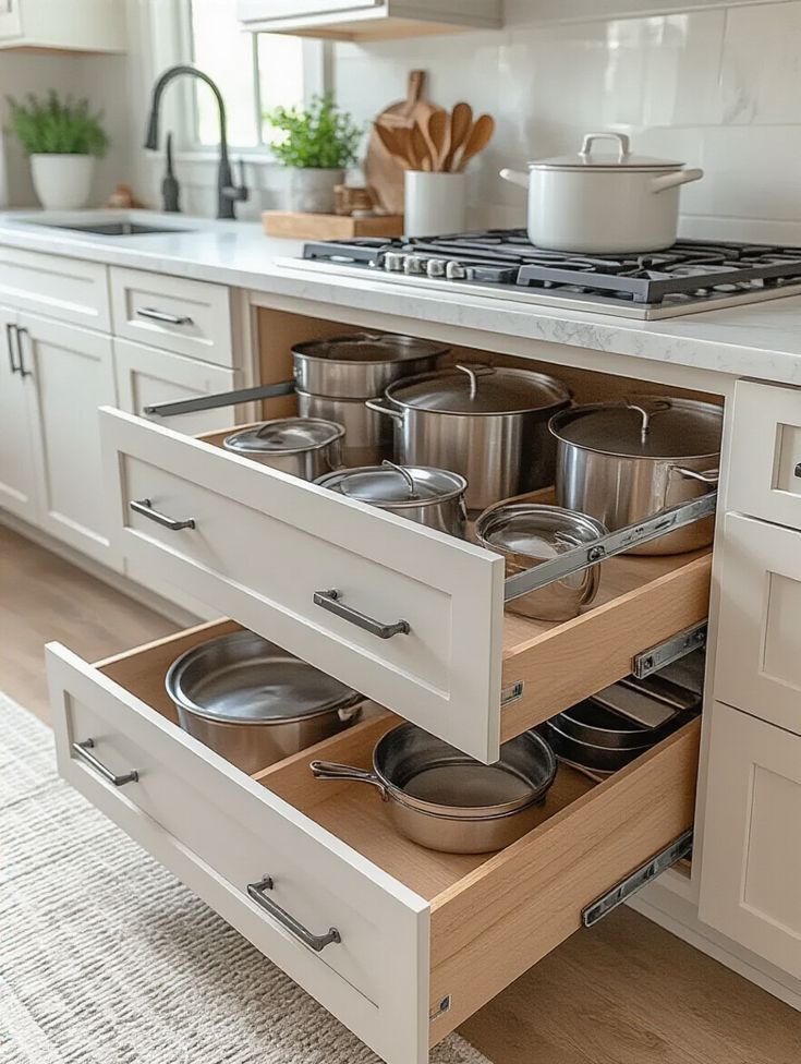 Custom deep-drawer kitchen storage planning in a Vancouver home featuring organized stainless steel pots and white cabinetry.