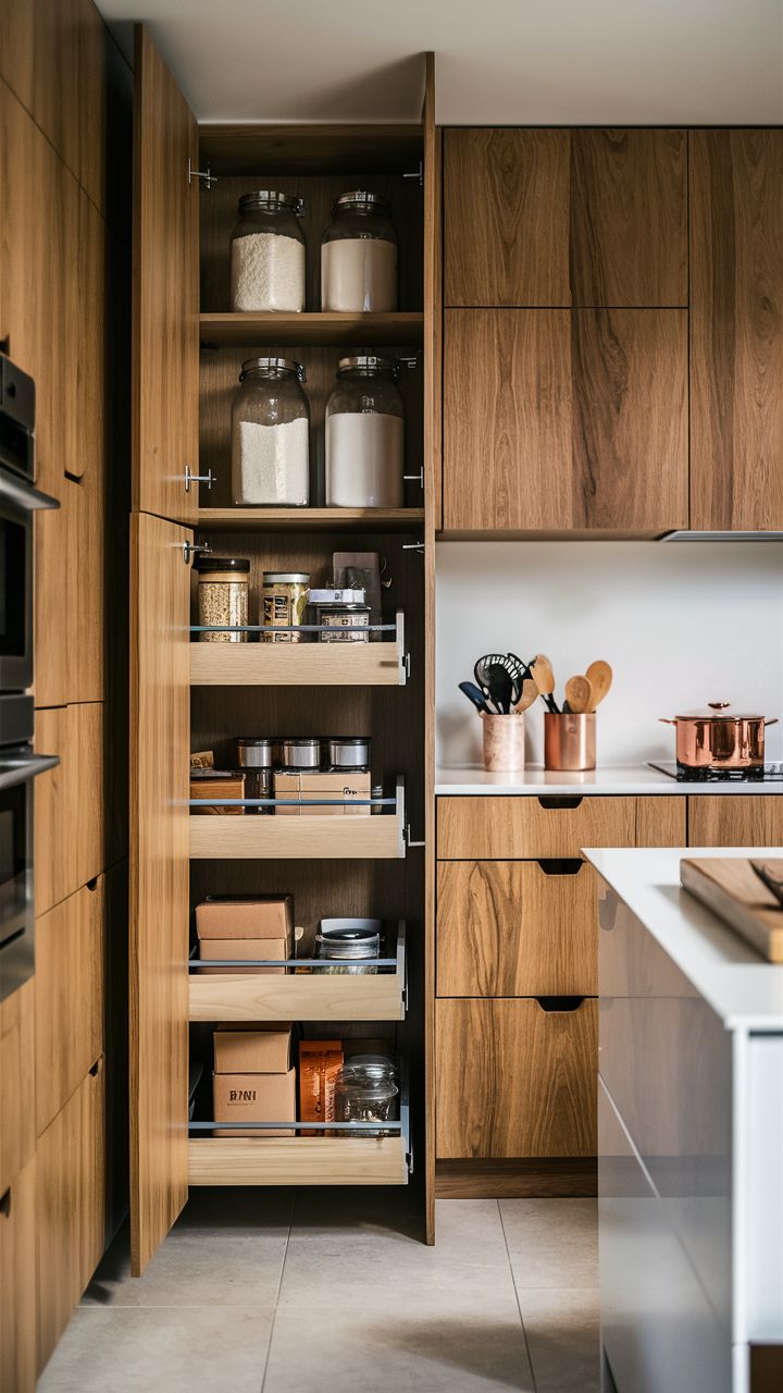 Custom wood pantry with pull-out drawers and glass jars, showcasing kitchen storage planning in a Vancouver home.