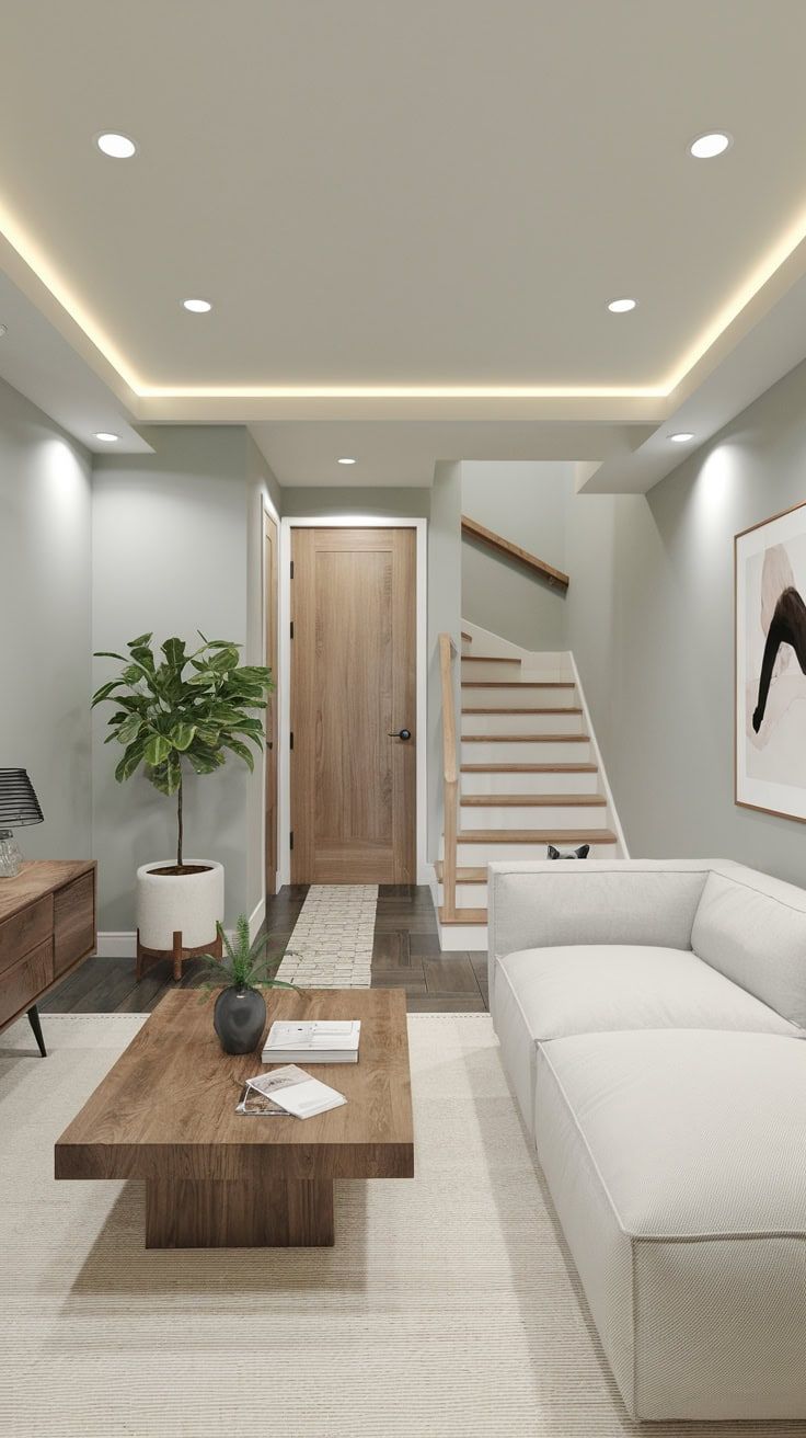 Modern secondary suite living room in Vancouver with recessed lighting and custom wood doors for rental.