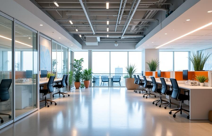 Modern office meeting room renovation with custom ceiling, lighting and seating