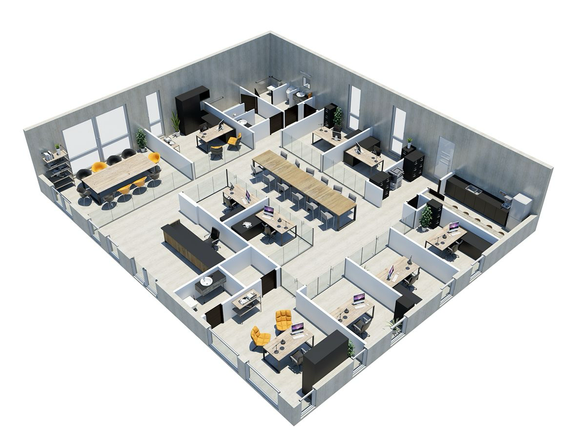 Modern corporate office renovation with glass partitions, private offices and lounge seating