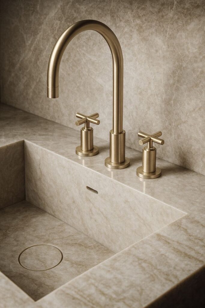 Close-up of brushed gold cross-handle faucet and integrated stone sink for a luxury bathroom renovation.
