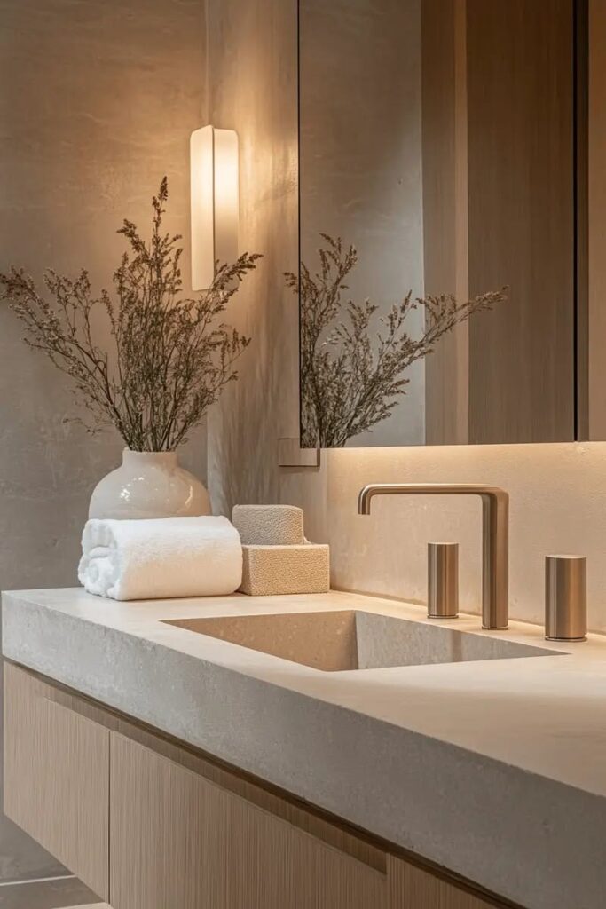 Minimalist champagne bronze faucet and integrated stone sink in a contemporary bathroom renovation.