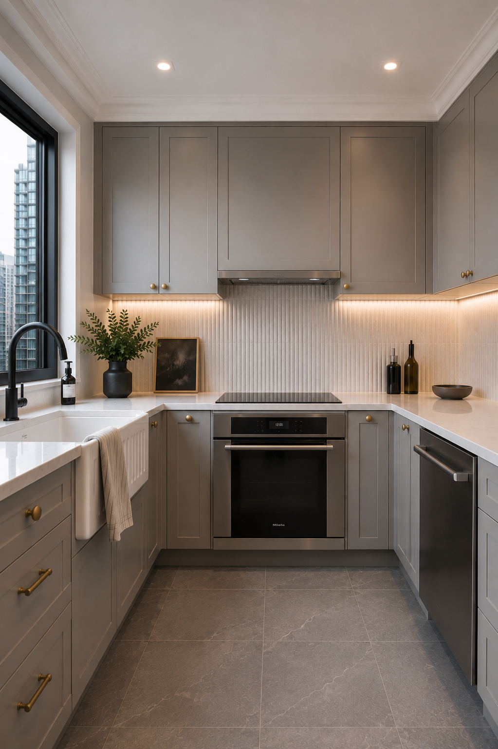 Completed Yaletown kitchen renovation featuring custom grey cabinetry, white stone countertops, vertical tile backsplash, brass hardware and integrated appliances