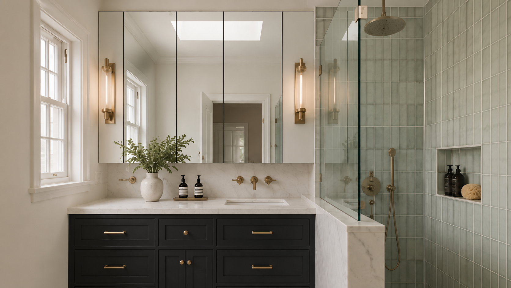Completed West Point Grey bathroom renovation featuring custom dark vanity millwork, marble countertops, sage green shower tile, frameless glass enclosure and brass fixtures