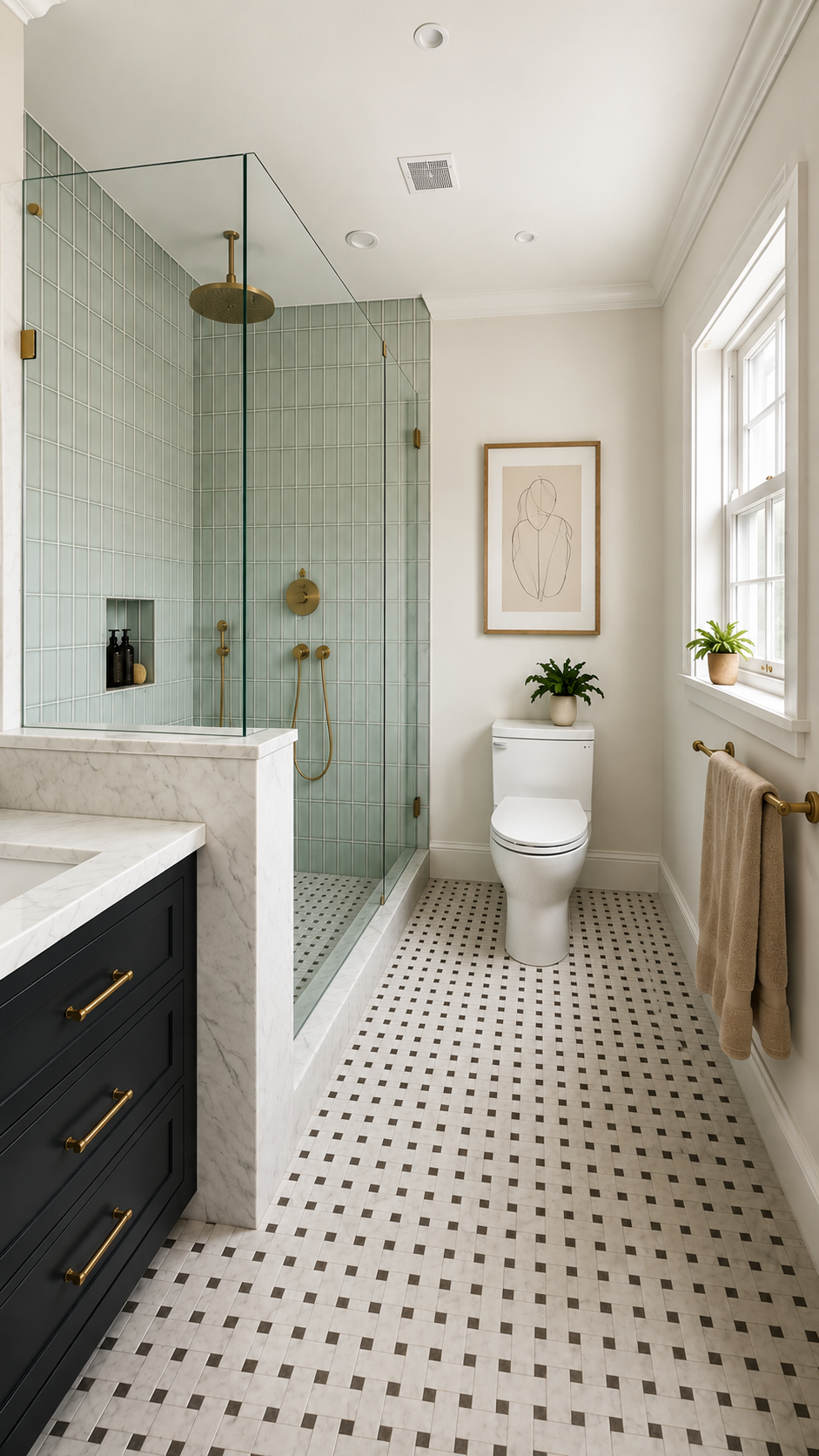 Completed West Point Grey bathroom renovation with custom dark vanity, marble surfaces, sage green tiled walk-in shower, patterned floor tile and brass fixtures