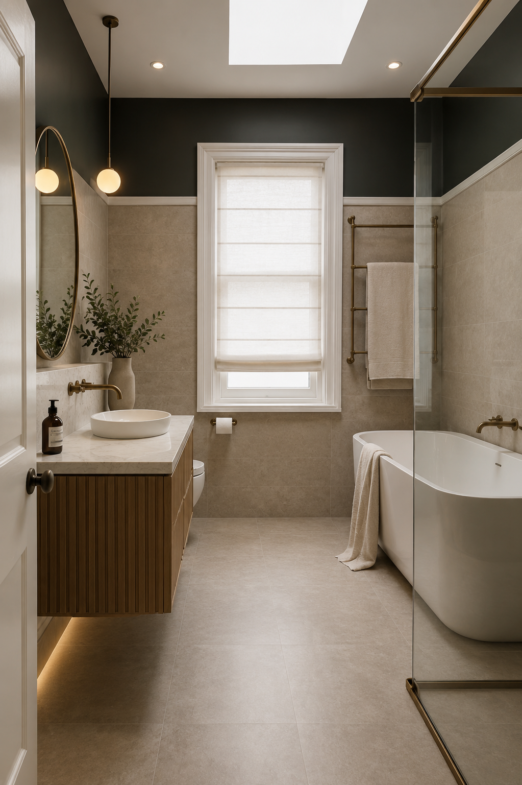 Floating natural wood bathroom vanity with round brass mirror, vessel sink, warm stone backsplash and integrated lighting