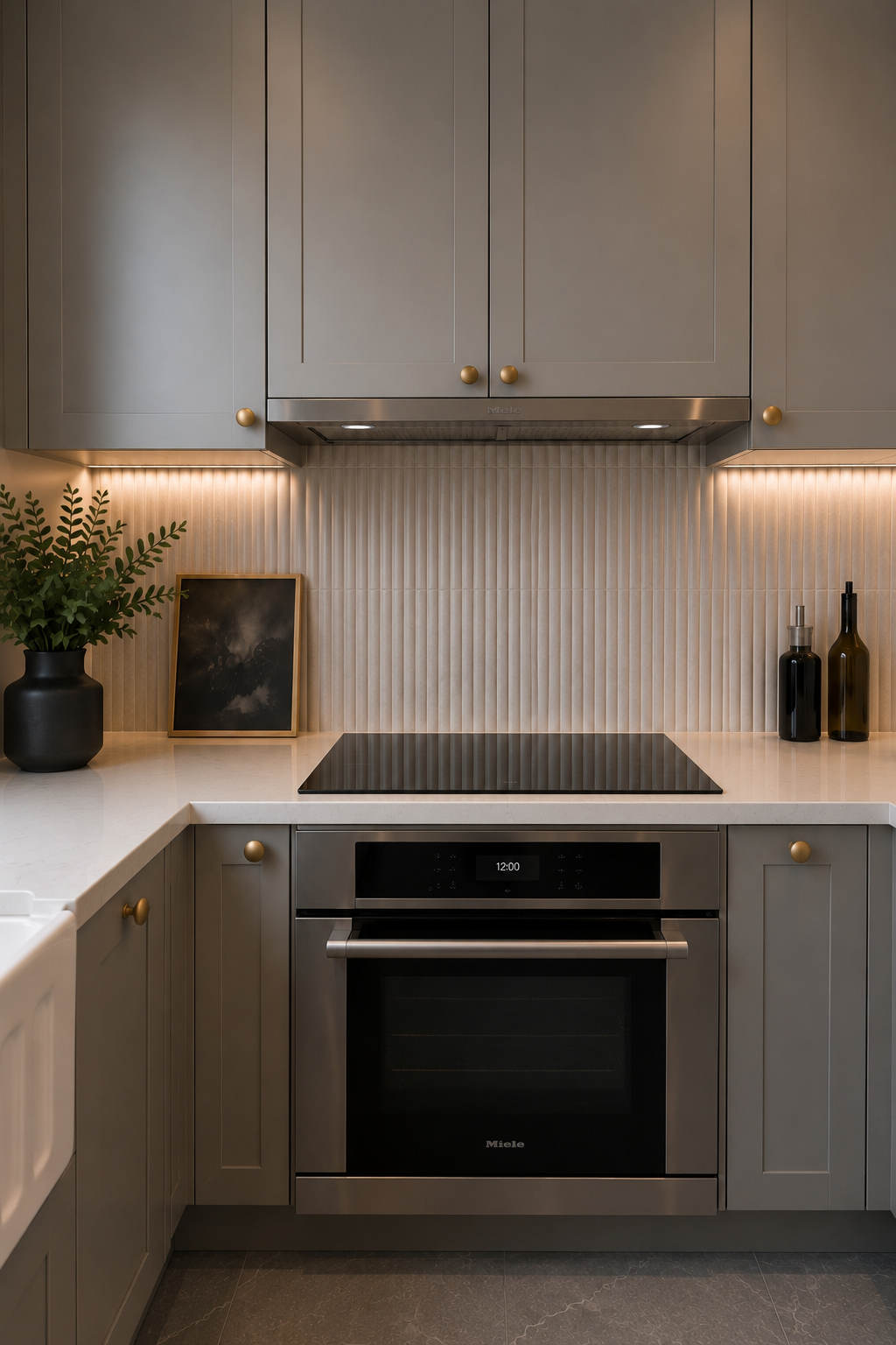 Completed Yaletown kitchen renovation featuring custom grey cabinetry, white stone countertops, vertical tile backsplash, integrated appliances and brass hardware