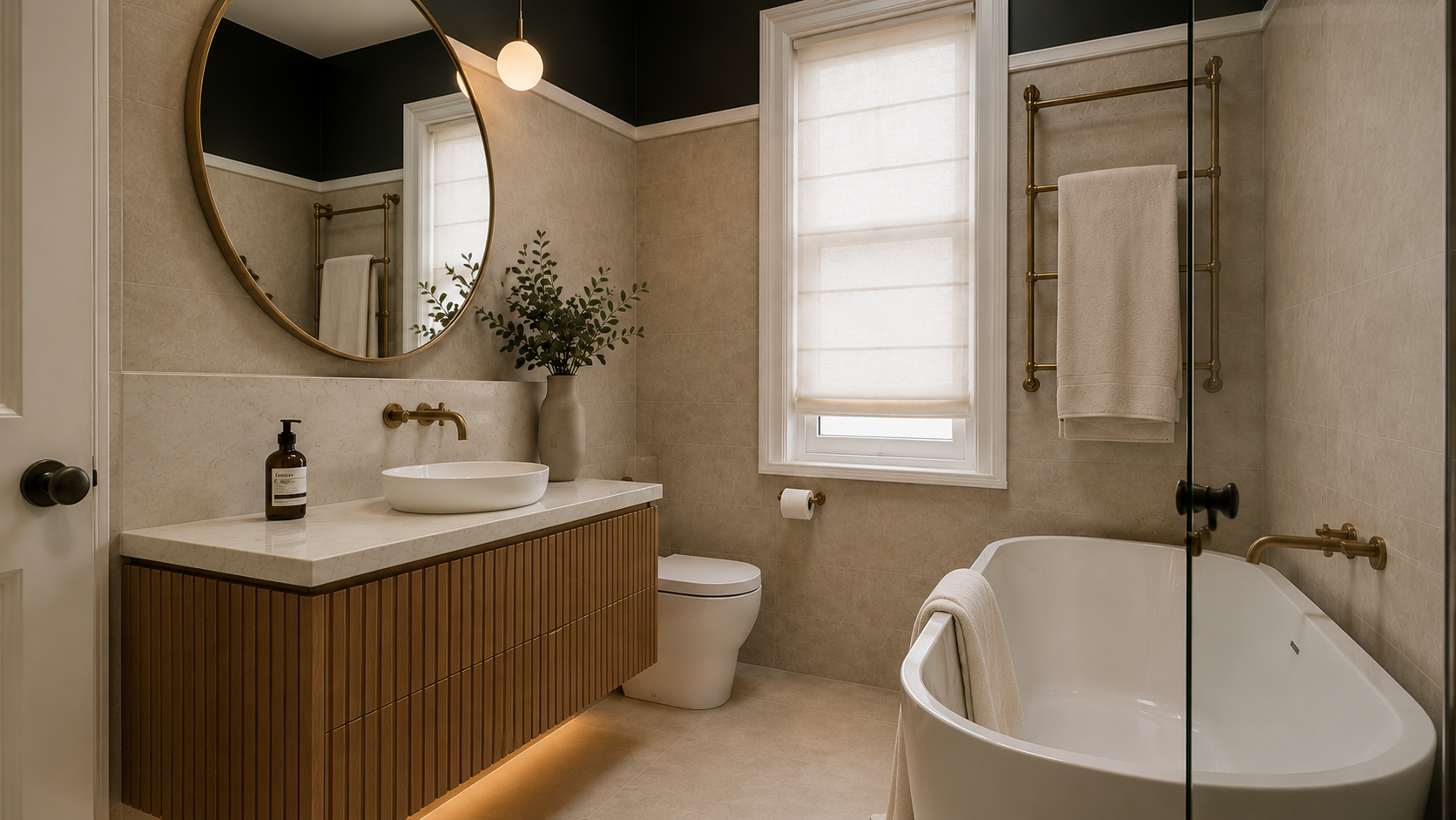 Completed bathroom renovation in Downtown Vancouver featuring a floating natural wood vanity, round brass mirror, freestanding bathtub, walk-in shower and warm stone tile