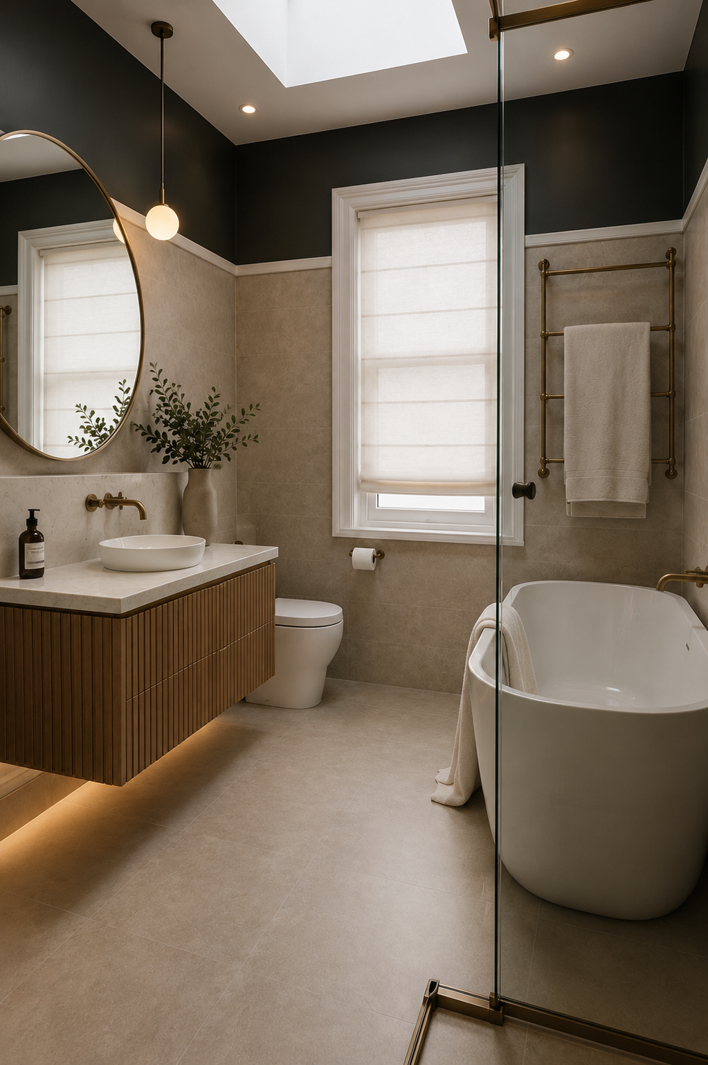 Completed Downtown Vancouver bathroom renovation featuring a floating wood vanity, walk-in glass shower, freestanding bathtub, round brass mirror and warm stone tile