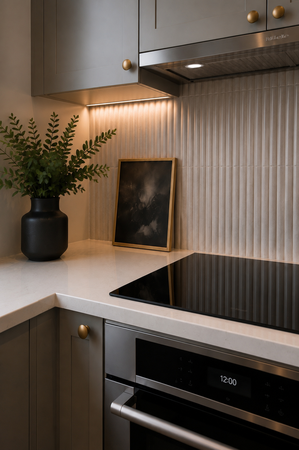 Completed Yaletown kitchen renovation featuring custom grey cabinetry, stone countertops, textured tile backsplash and integrated appliances