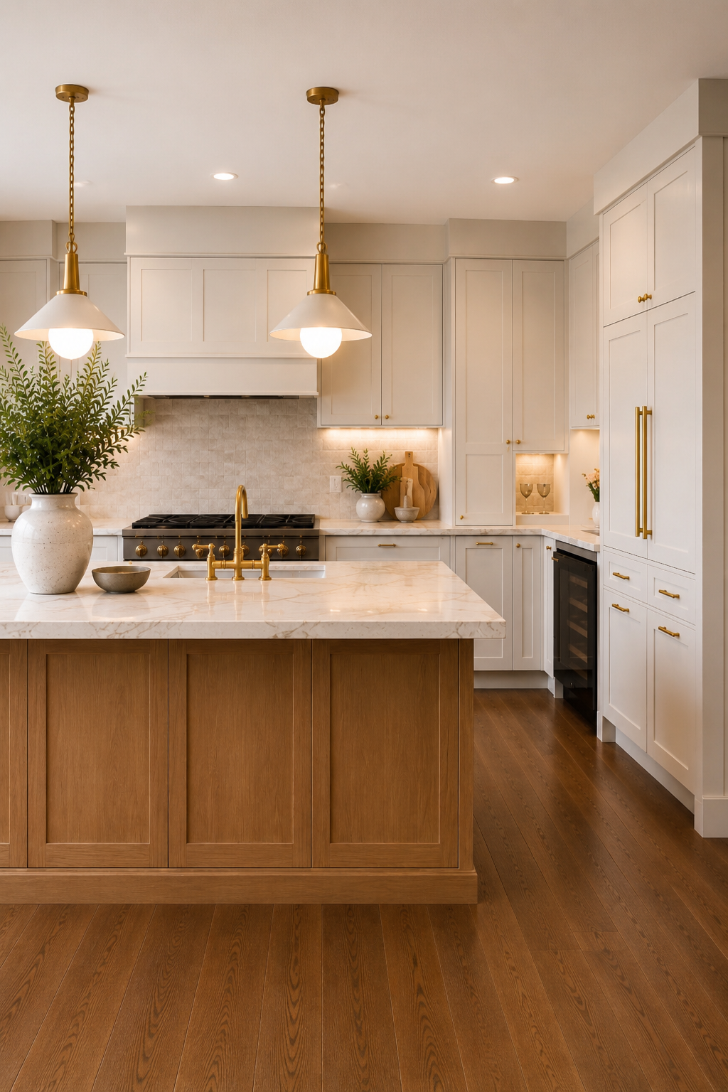Custom kitchen cabinetry, stone countertop and brass fixtures in a completed Shaughnessy Vancouver kitchen renovation